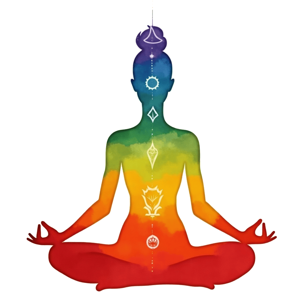 Silueta meditando con siete chakras alineados en colores del arcoíris desde rojo hasta violeta
