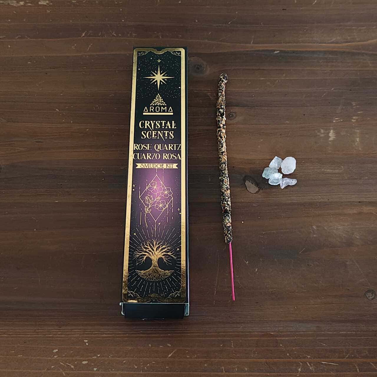 Incienso Crystal Scents Cuarzo Rosa con Kit Smudge y Cristales | Ritual Amor | Merkaba Centre Holístic